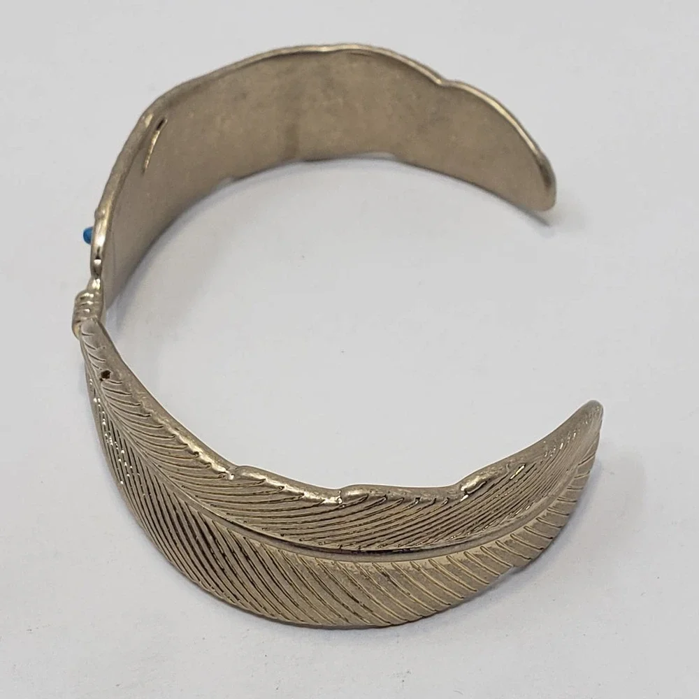 Feather Blue Faux Stone Gold Tone Metal Cuff Bracelet Boho Southwestern Tribal